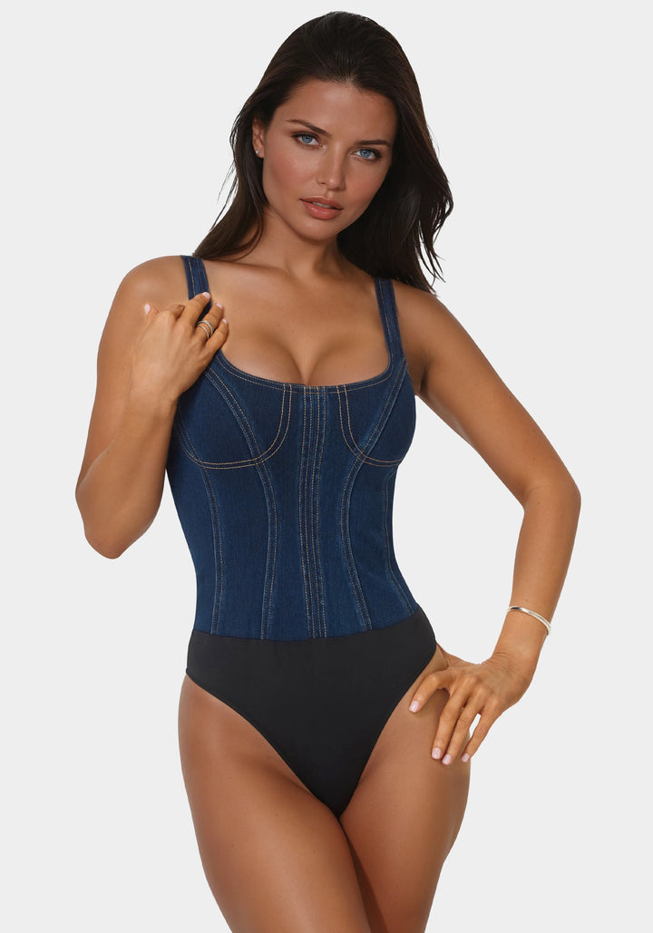 Front View-Fitted Denim Bodysuit-MIDNIGHT BLUE WASH