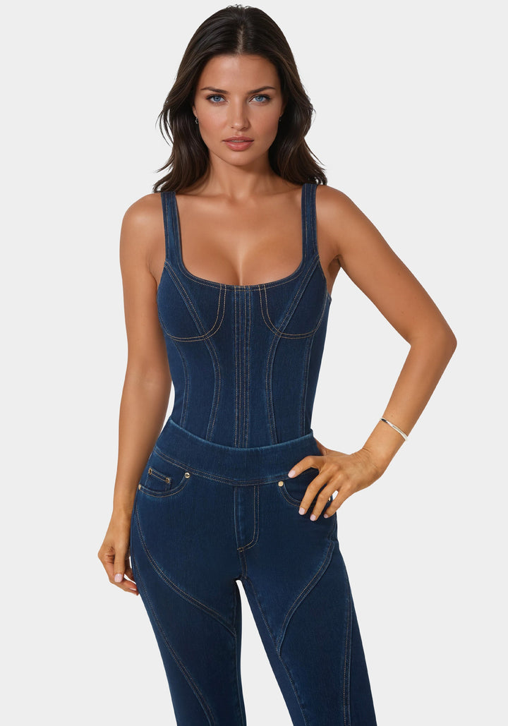 Detail View-Fitted Denim Bodysuit-MIDNIGHT BLUE WASH