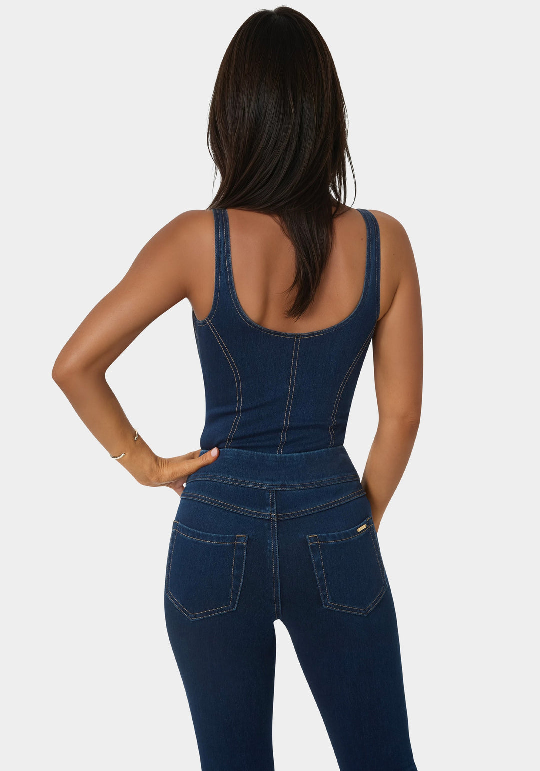 Back View-Fitted Denim Bodysuit-MIDNIGHT BLUE WASH