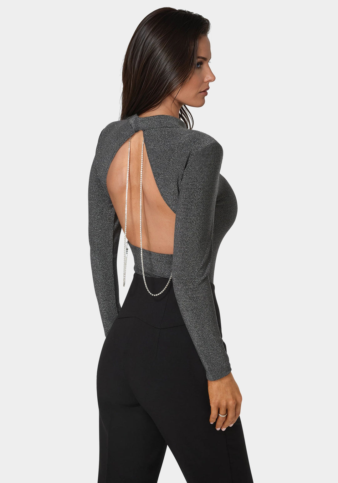 Detail View-Glittery Back Jewel Bodysuit-SILVER