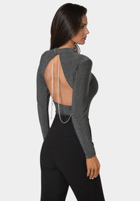 Detail View-Glittery Back Jewel Bodysuit-SILVER