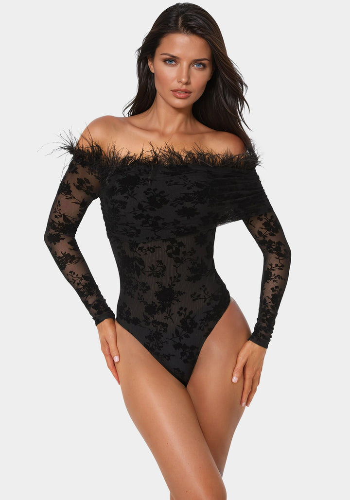 Front View-Off Shoulder Feather Bodysuit-BLACK