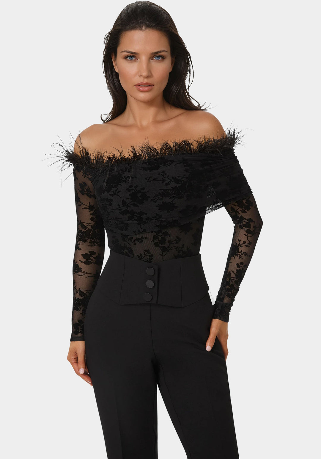 Detail View-Off Shoulder Feather Bodysuit-BLACK