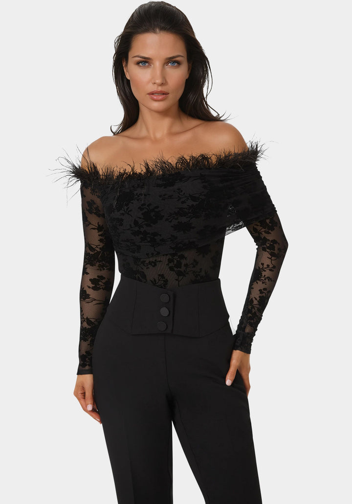 Detail View-Off Shoulder Feather Bodysuit-BLACK