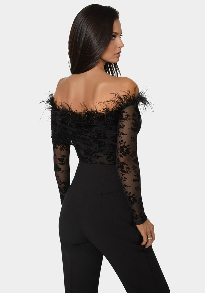 Back View-Off Shoulder Feather Bodysuit-BLACK