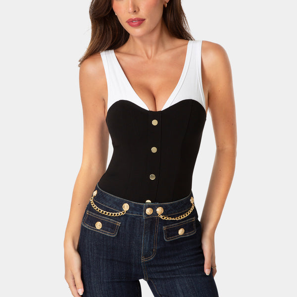 Front View-CONTOUR SHAPE BODYSUIT-BLACK/WHITE