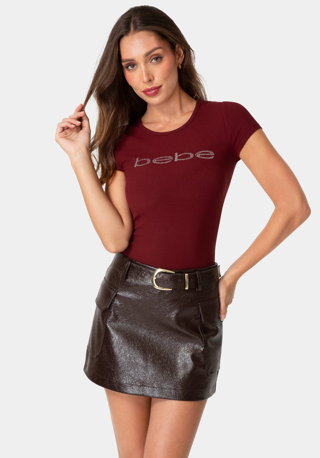 Front View-SHORT SLEEVE BABY BEBE LOGO TEE-CABERNET