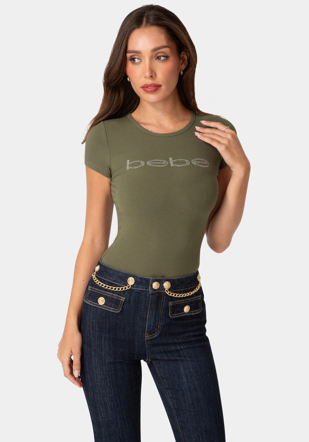 Front View-SHORT SLEEVE BABY BEBE LOGO TEE-VELVET GREEN