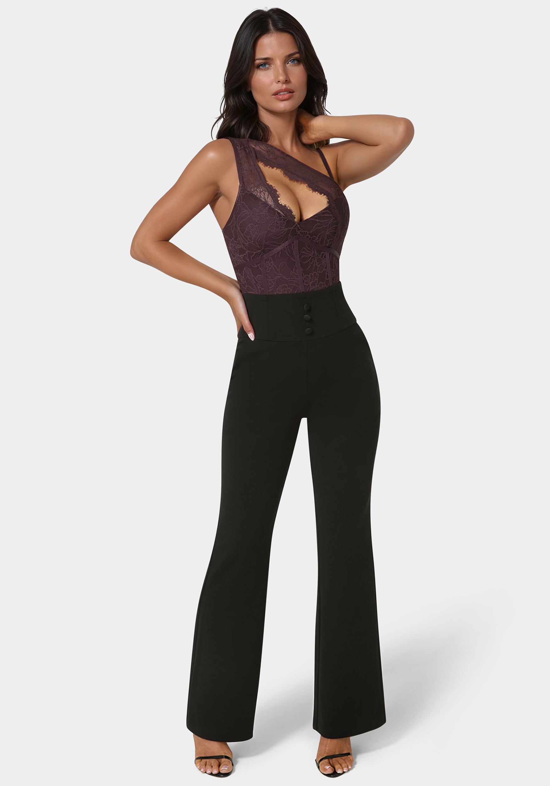 Front View-Asymmetric Fooler Lace Jumpsuit-Coco Bordeaux/Black