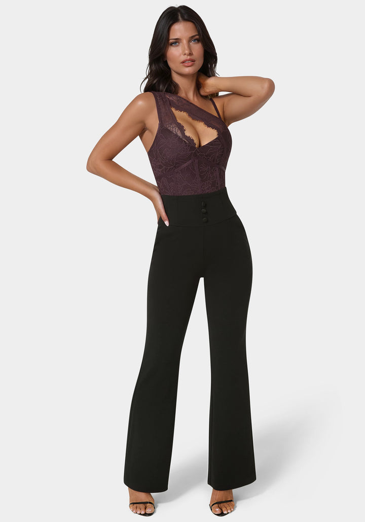 Front View-Asymmetric Fooler Lace Jumpsuit-Coco Bordeaux/Black