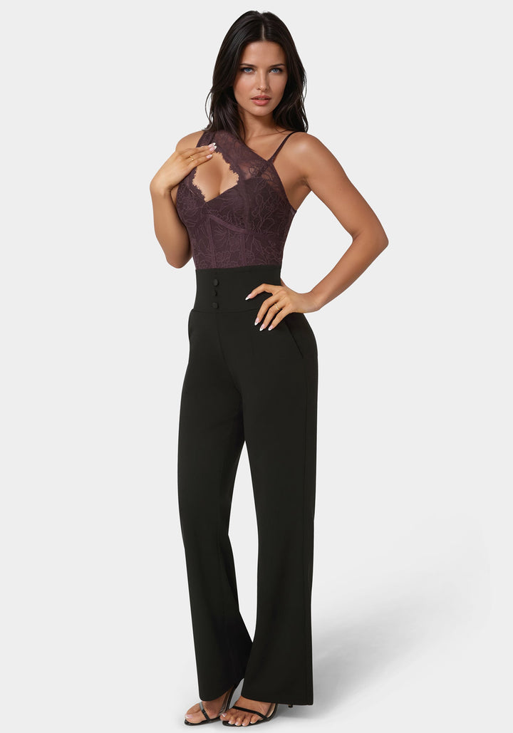 Side View-Asymmetric Fooler Lace Jumpsuit-Coco Bordeaux/Black