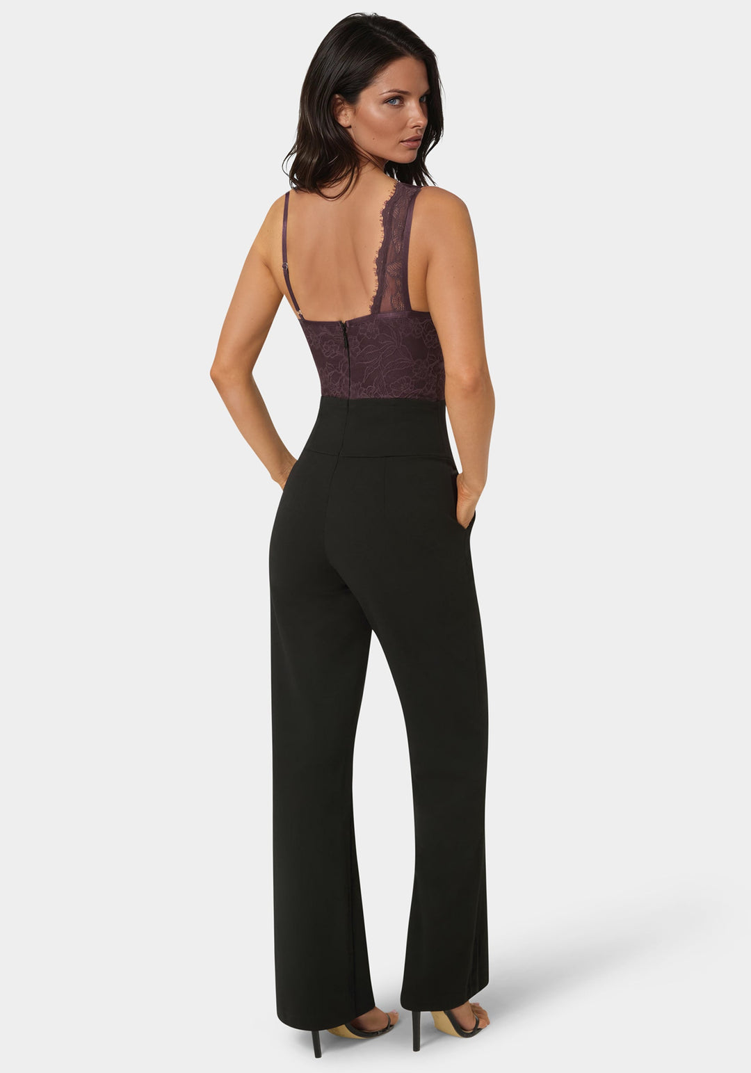 Back View-Asymmetric Fooler Lace Jumpsuit-Coco Bordeaux/Black