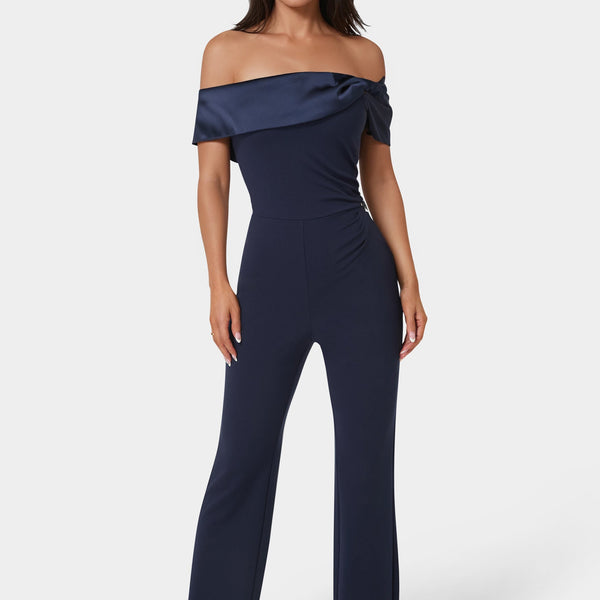 Front View-Off Shoulder Straight Leg Jumpsuit-Navy Iris