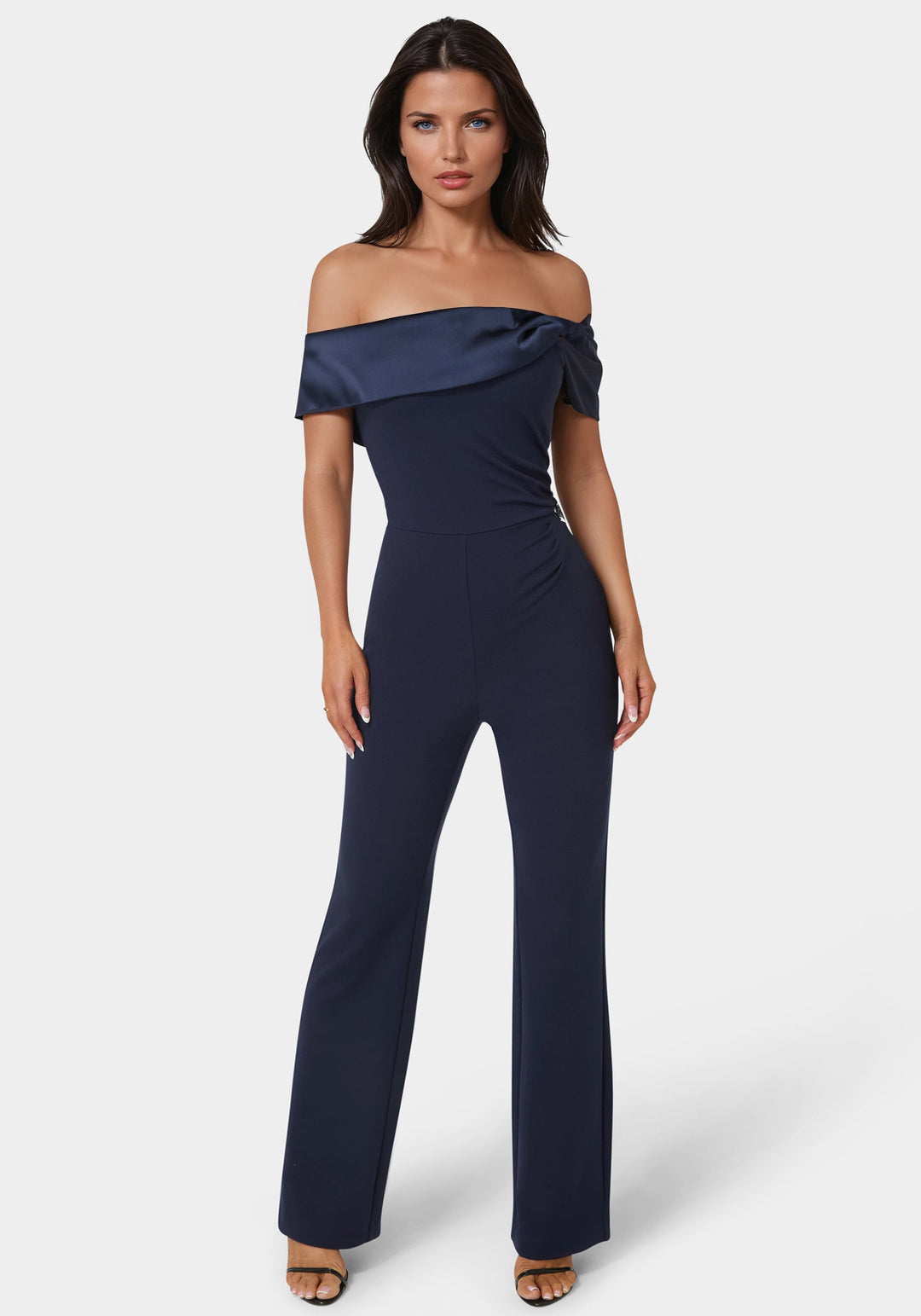 Front View-Off Shoulder Straight Leg Jumpsuit-Navy Iris