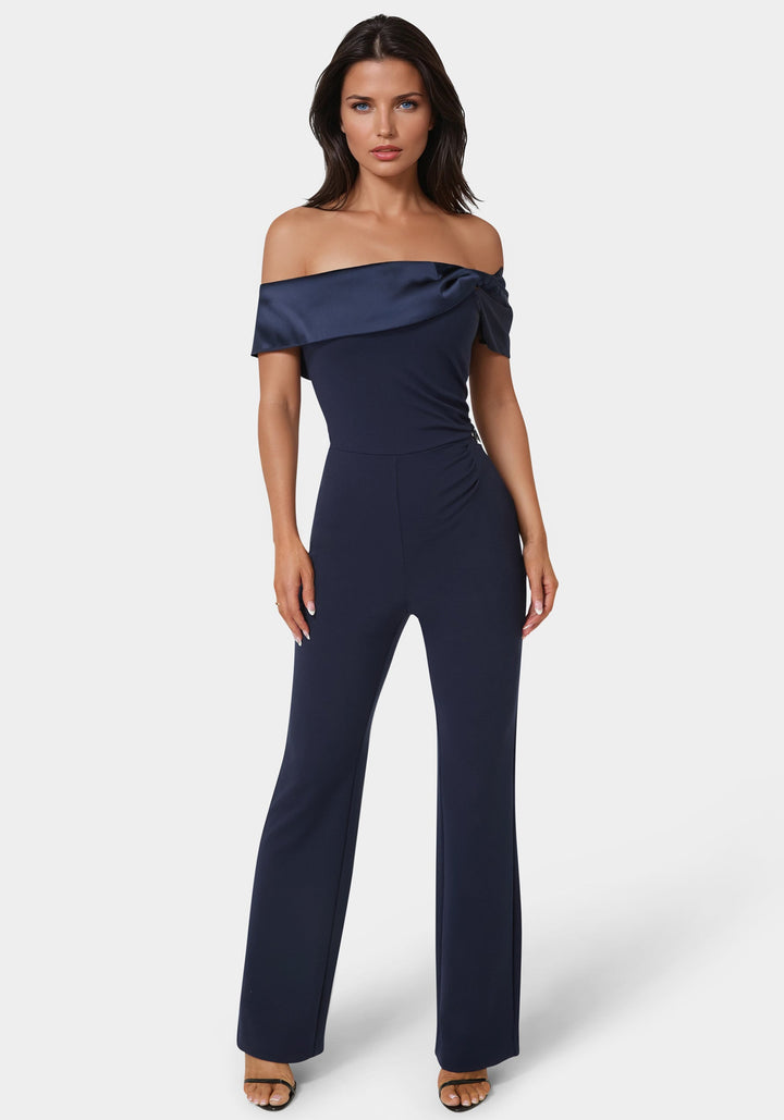 Front View-Off Shoulder Straight Leg Jumpsuit-Navy Iris