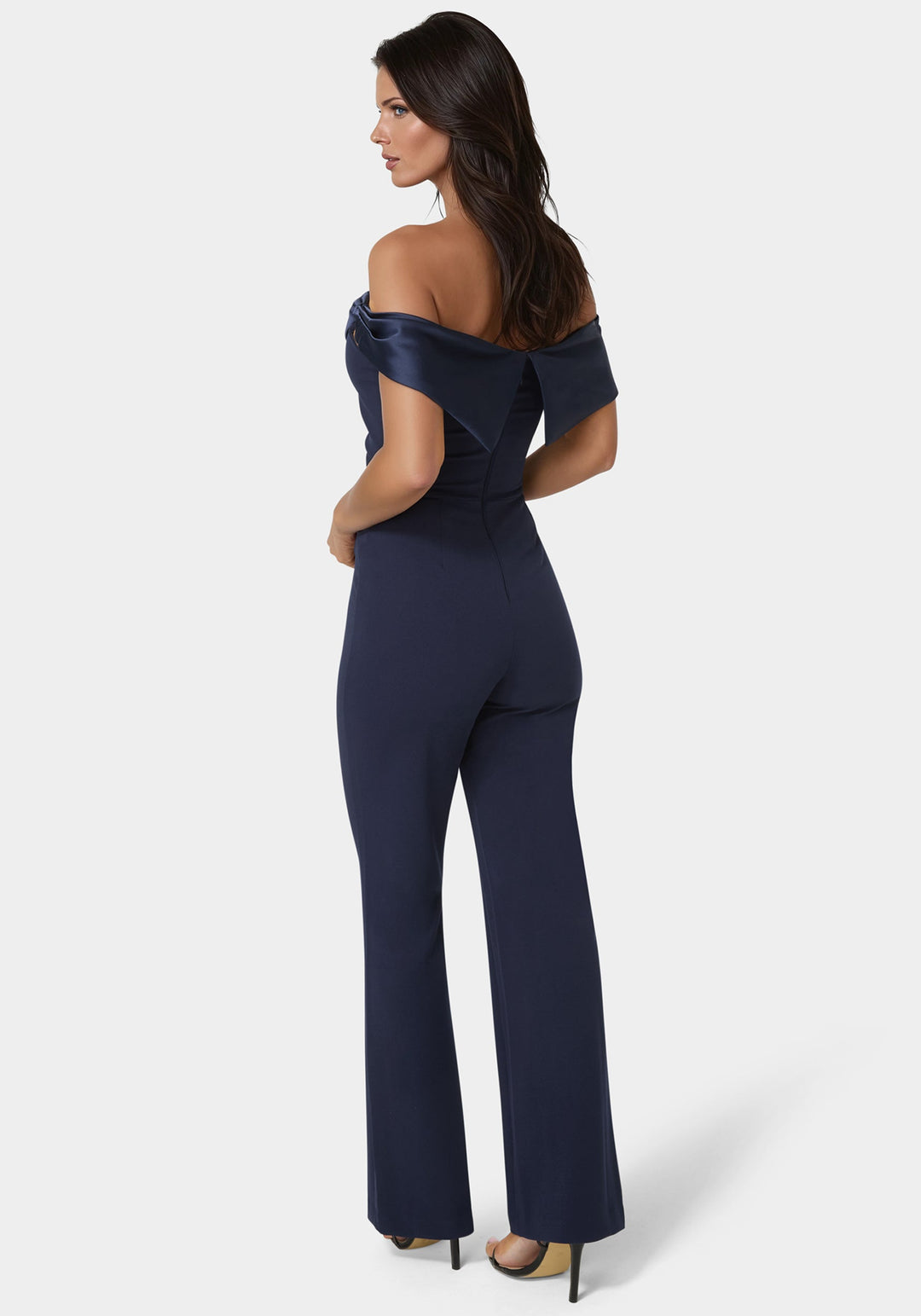 Back View-Off Shoulder Straight Leg Jumpsuit-Navy Iris