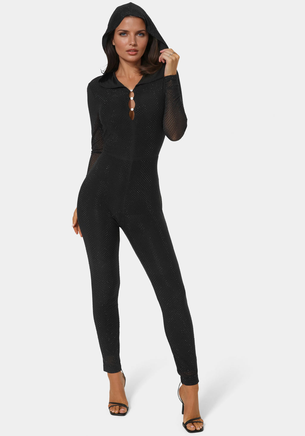Front View-Rhinestone Hooded Catsuit-BLACK