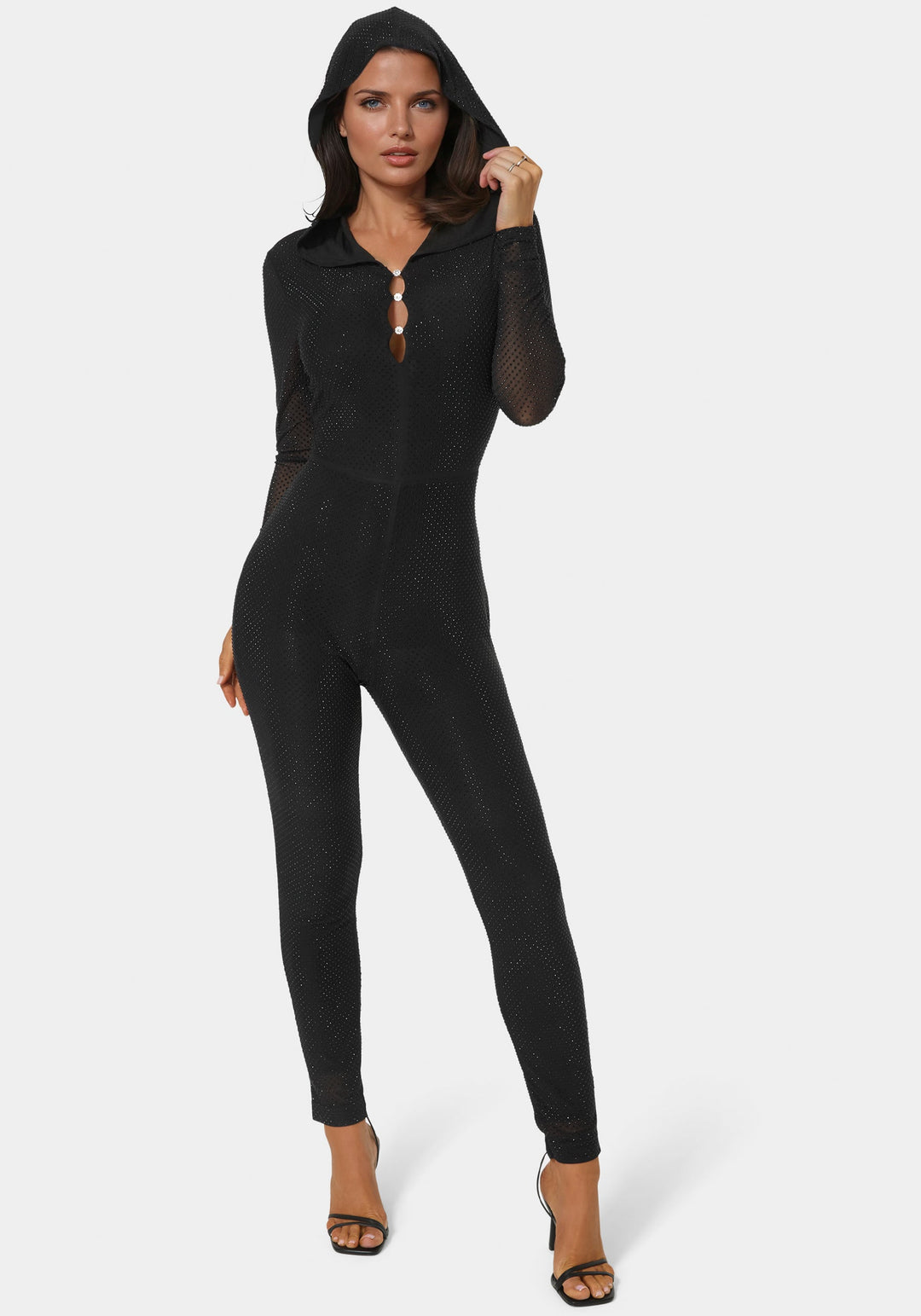Front View-Rhinestone Hooded Catsuit-BLACK