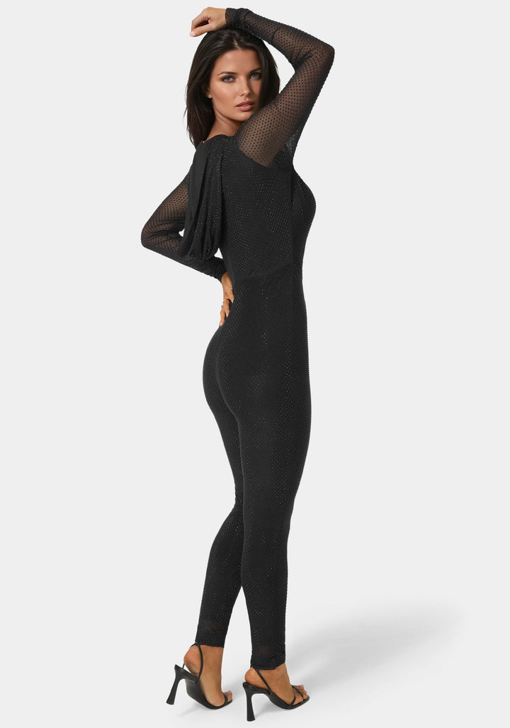 Back View-Rhinestone Hooded Catsuit-BLACK