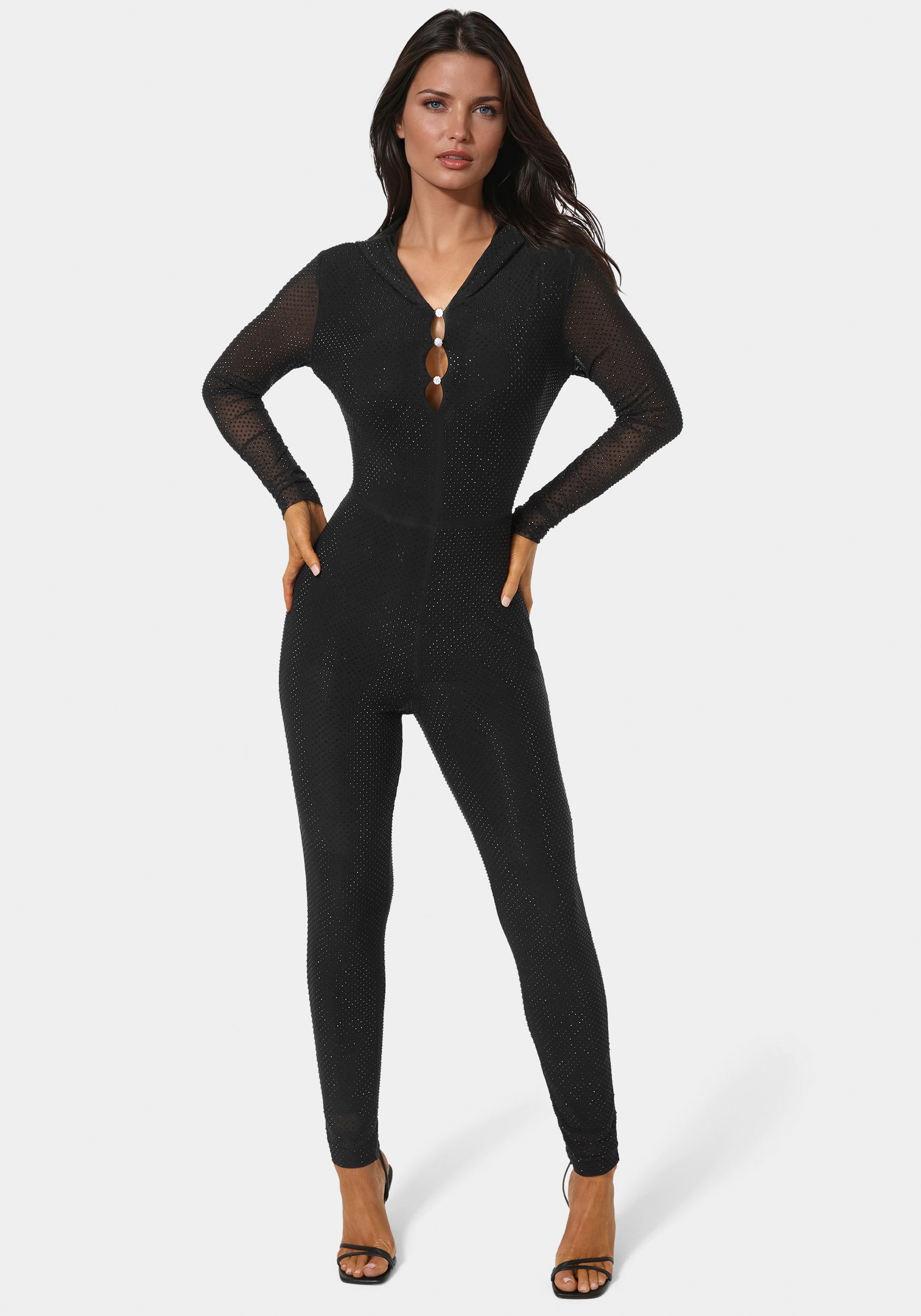 Detail View-Rhinestone Hooded Catsuit-BLACK