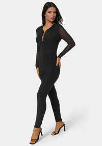 Side View-Rhinestone Hooded Catsuit-BLACK