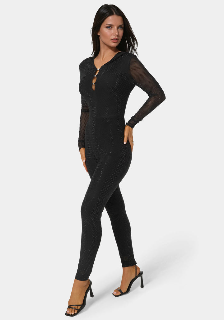 Side View-Rhinestone Hooded Catsuit-BLACK
