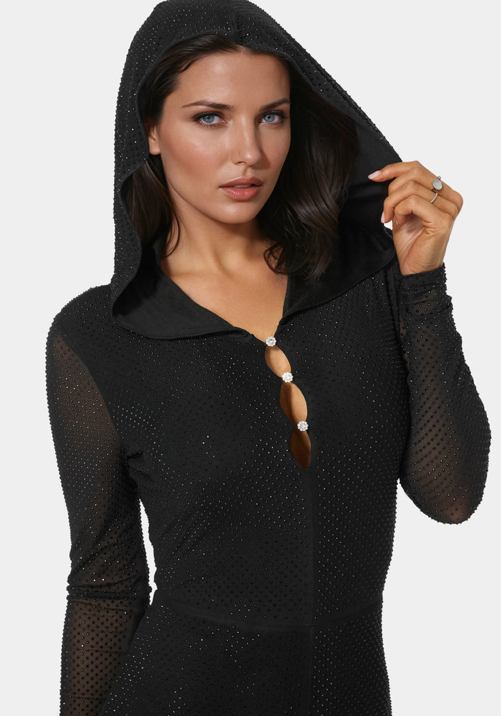 Other View-Rhinestone Hooded Catsuit-BLACK