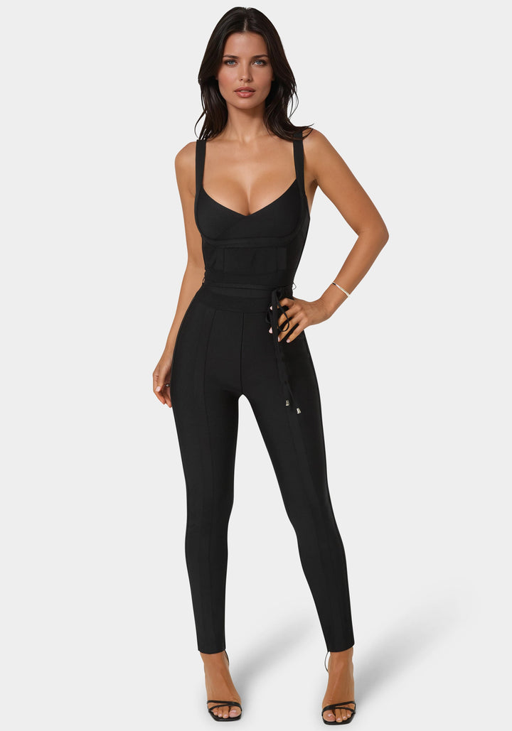 Front View-Bandage Knit Sleeveless Catsuit-BLACK