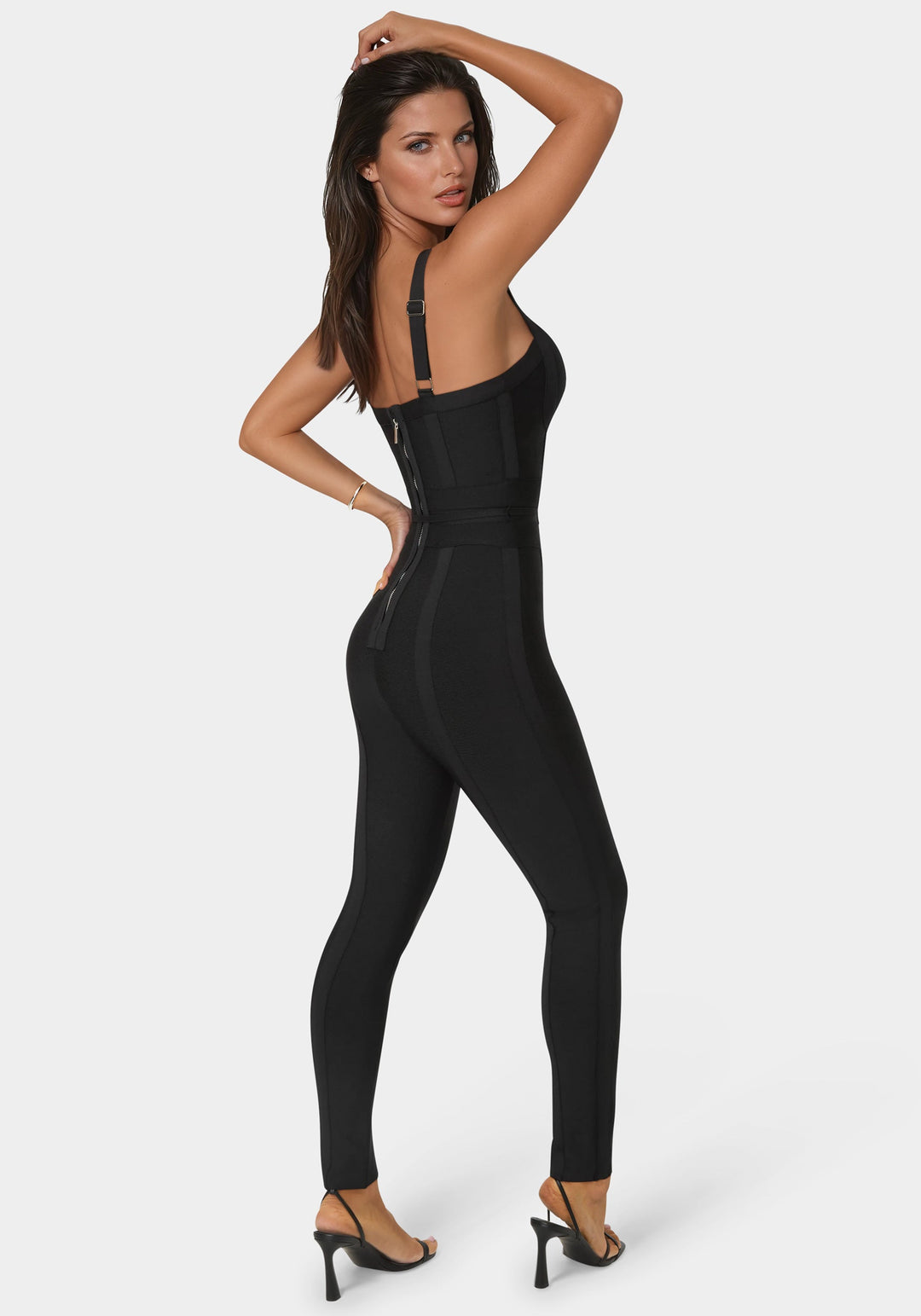 Back View-Bandage Knit Sleeveless Catsuit-BLACK