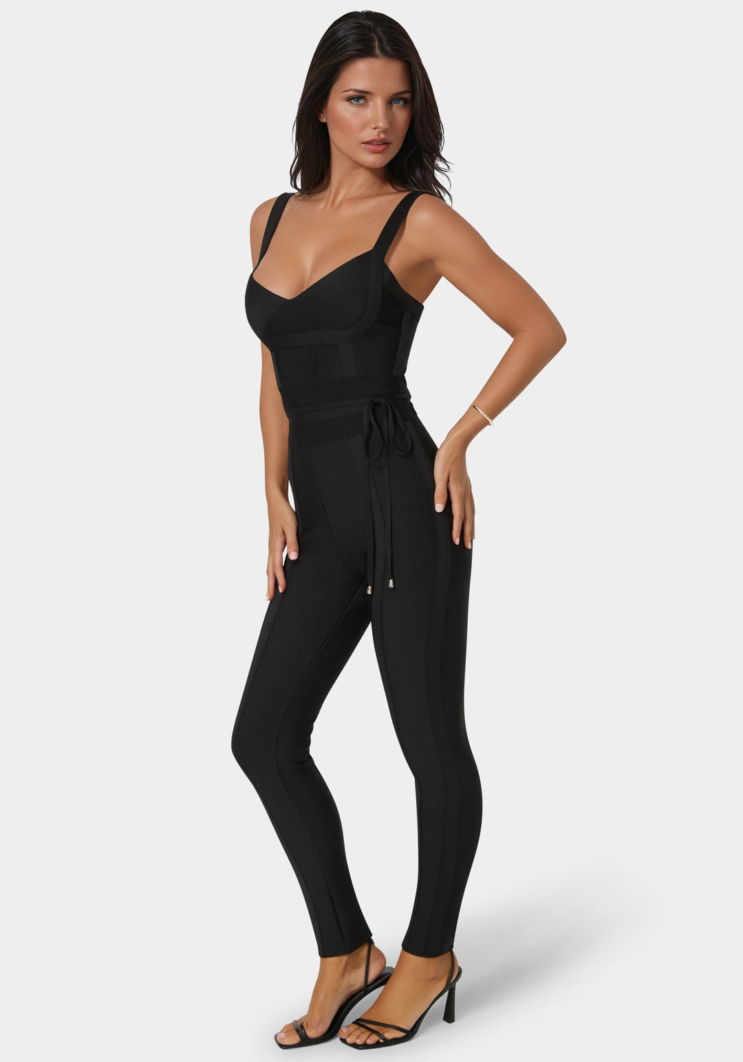 Detail View-Bandage Knit Sleeveless Catsuit-BLACK