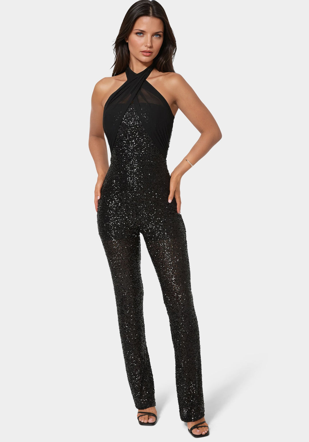 Front View-Sequin Halter Mini Flare Leg Jumpsuit-BLACK