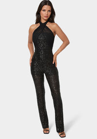 Front View-Sequin Halter Mini Flare Leg Jumpsuit-BLACK