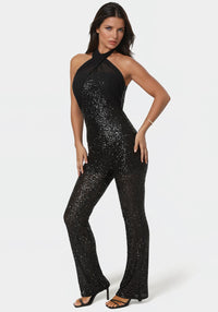 Detail View-Sequin Halter Mini Flare Leg Jumpsuit-BLACK
