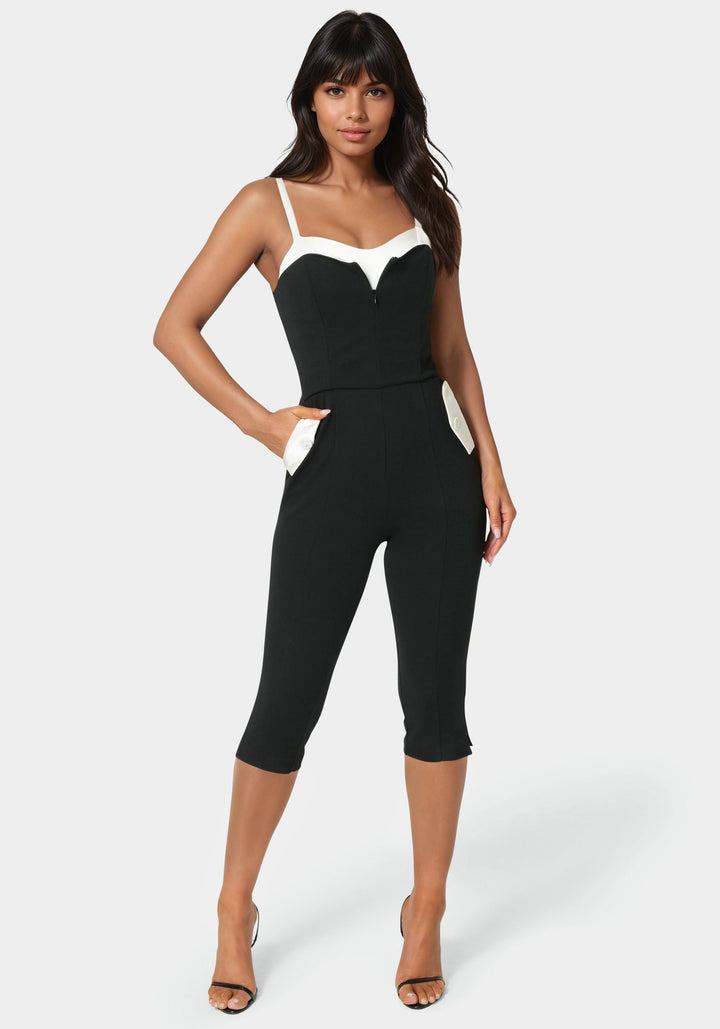 Front View-Satin Peek A Boo Capri Leg Jumpsuit-Black