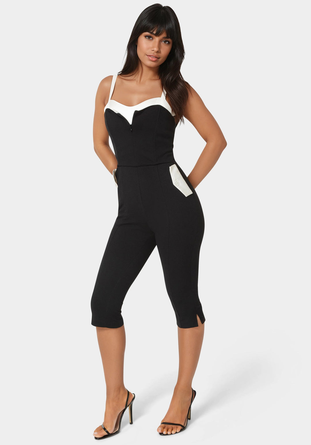 Detail View-Satin Peek A Boo Capri Leg Jumpsuit-Black