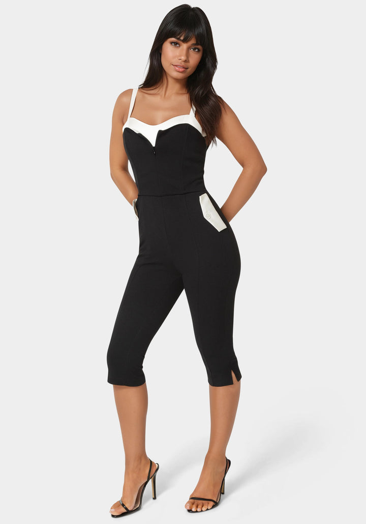 Detail View-Satin Peek A Boo Capri Leg Jumpsuit-Black