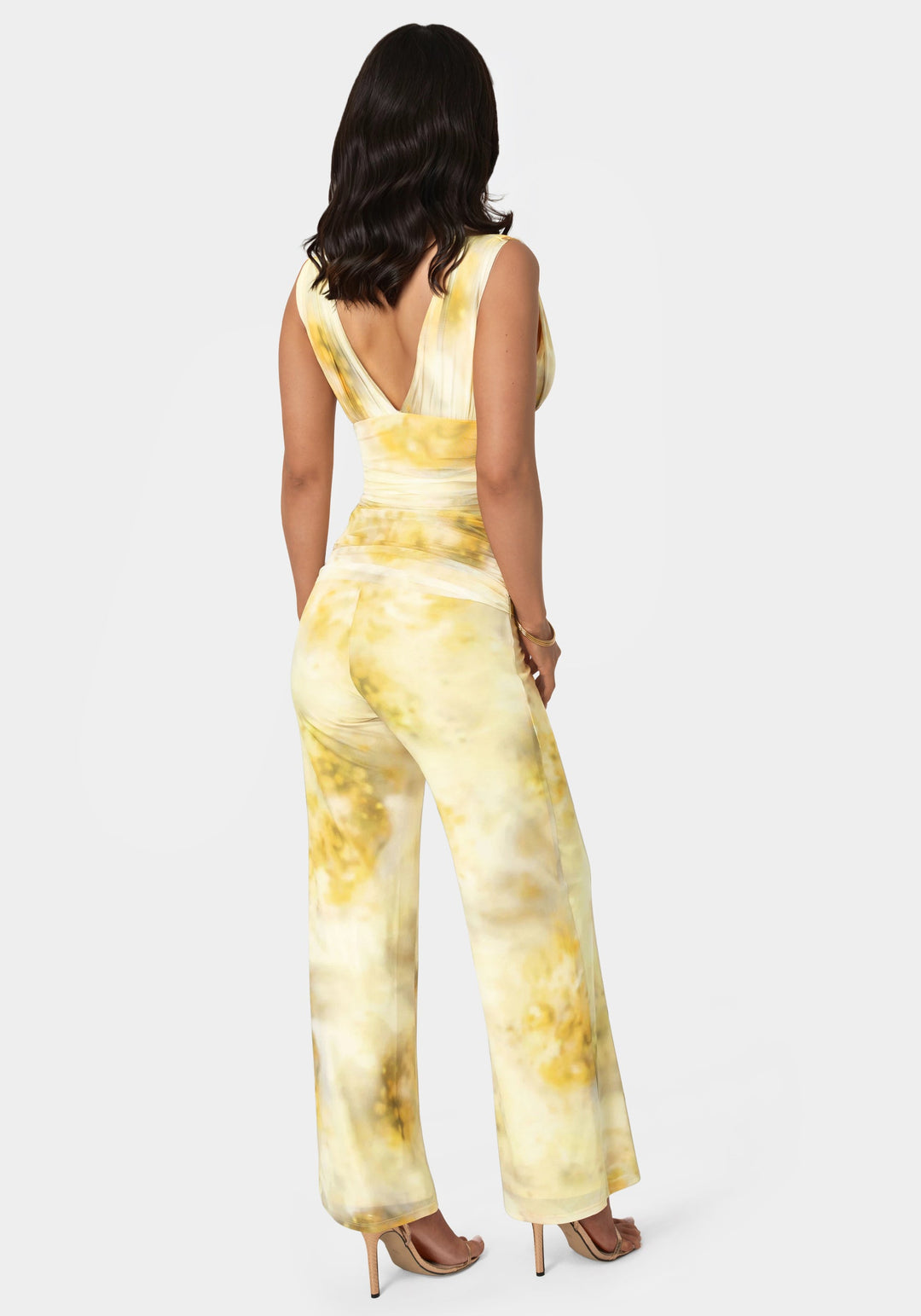 Back View-Shirred Waist Palazzo Leg Jumpsuit-Mimosa Haze Print