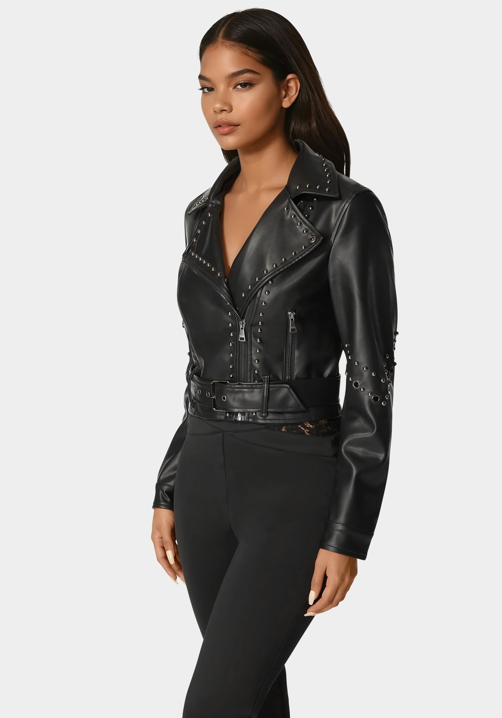 ♡bebe♡ Studded Vegan Leather Moto Jacket – bebe