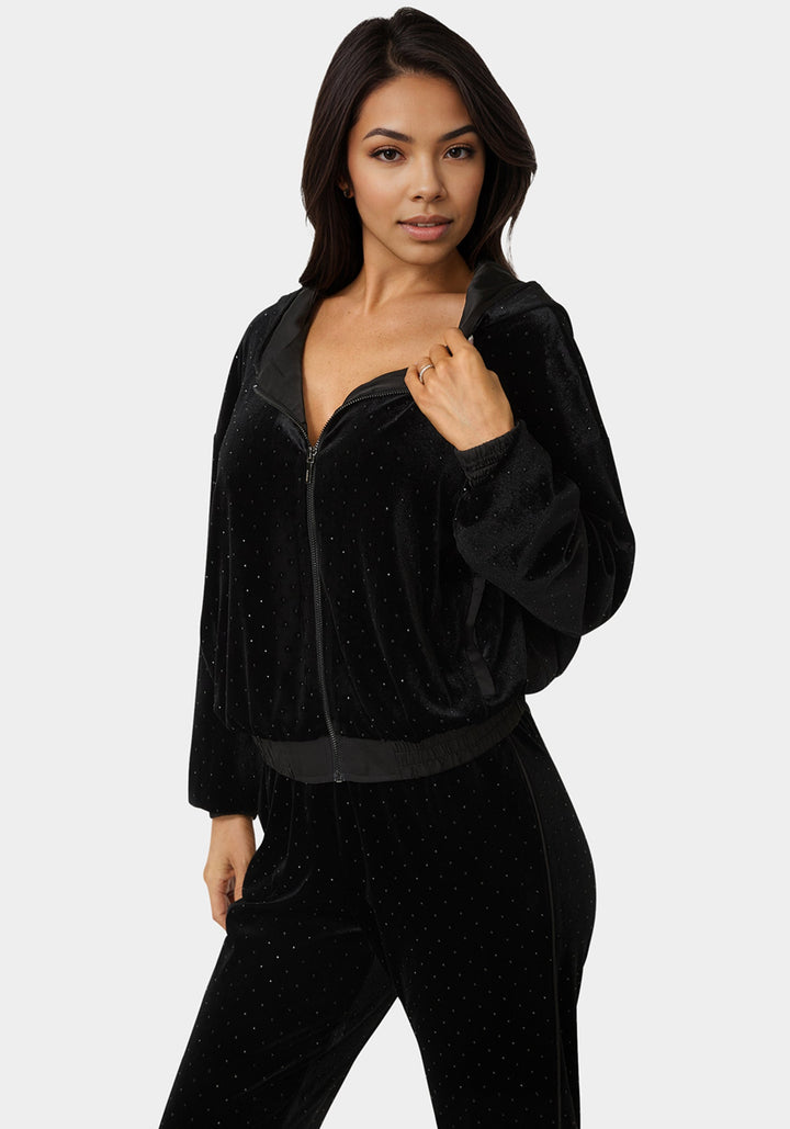 Front View-Embellished Zip Up Hoodie-Black