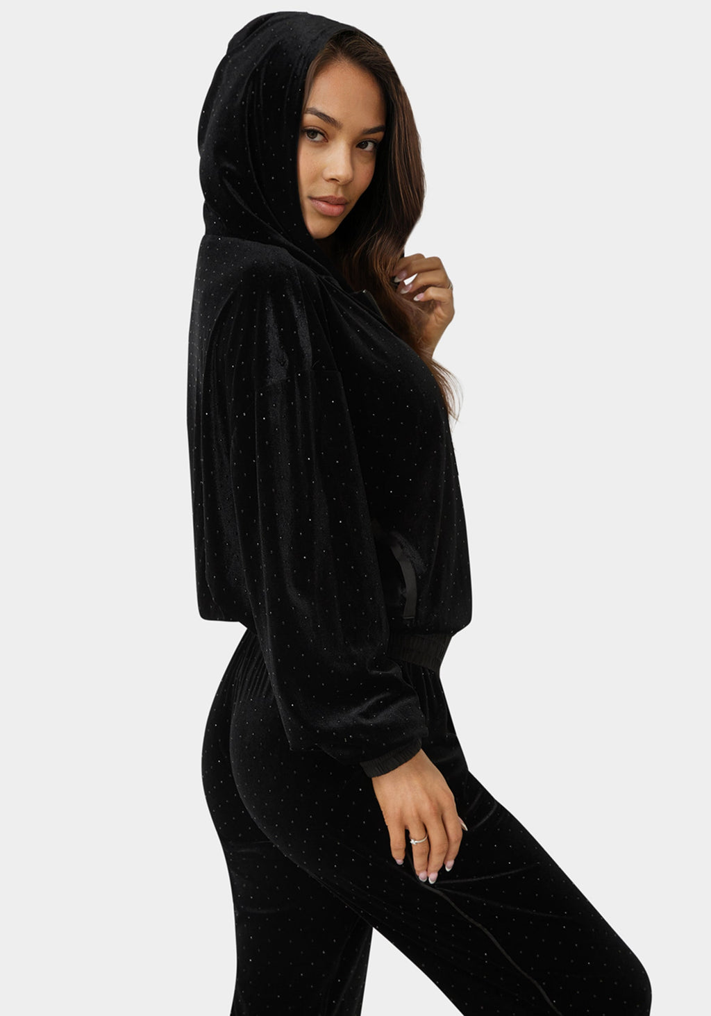 Side View-Embellished Zip Up Hoodie-Black
