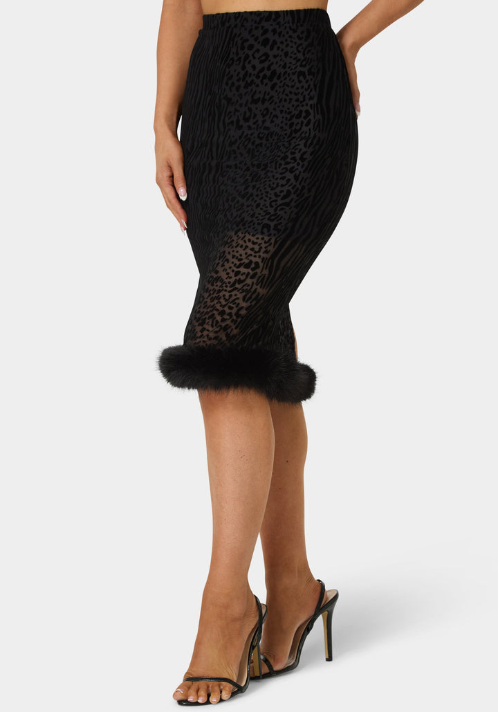 Front View-Animal Mesh Faux Fur Trim Midi Skirt-Black