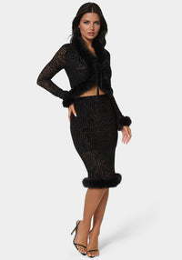 Side View-Animal Mesh Faux Fur Trim Midi Skirt-Black