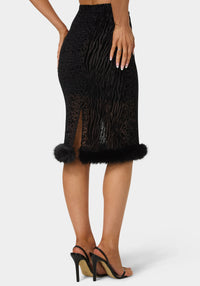 Back View-Animal Mesh Faux Fur Trim Midi Skirt-Black