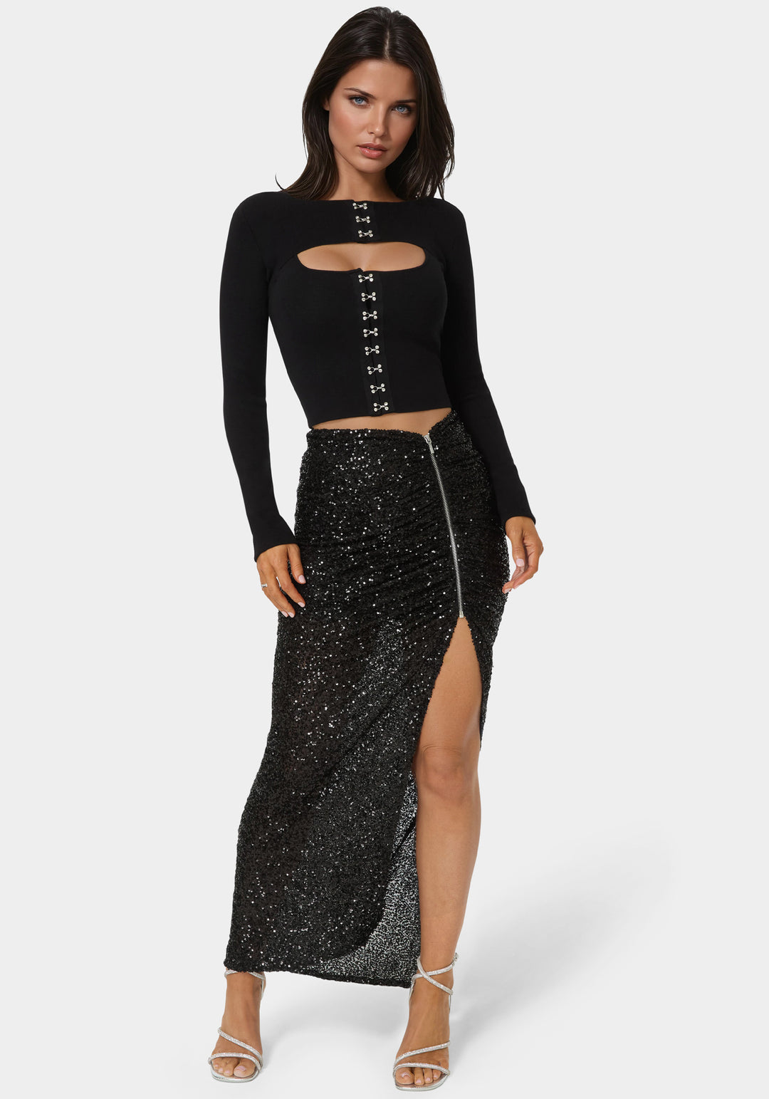 Bebe Women's Sequin Maxi Skirt, Size XL in Black Polyester/Spandex Bebe Women's Sequin Maxi Skirt, Size XL in Black Polyester/Spandex