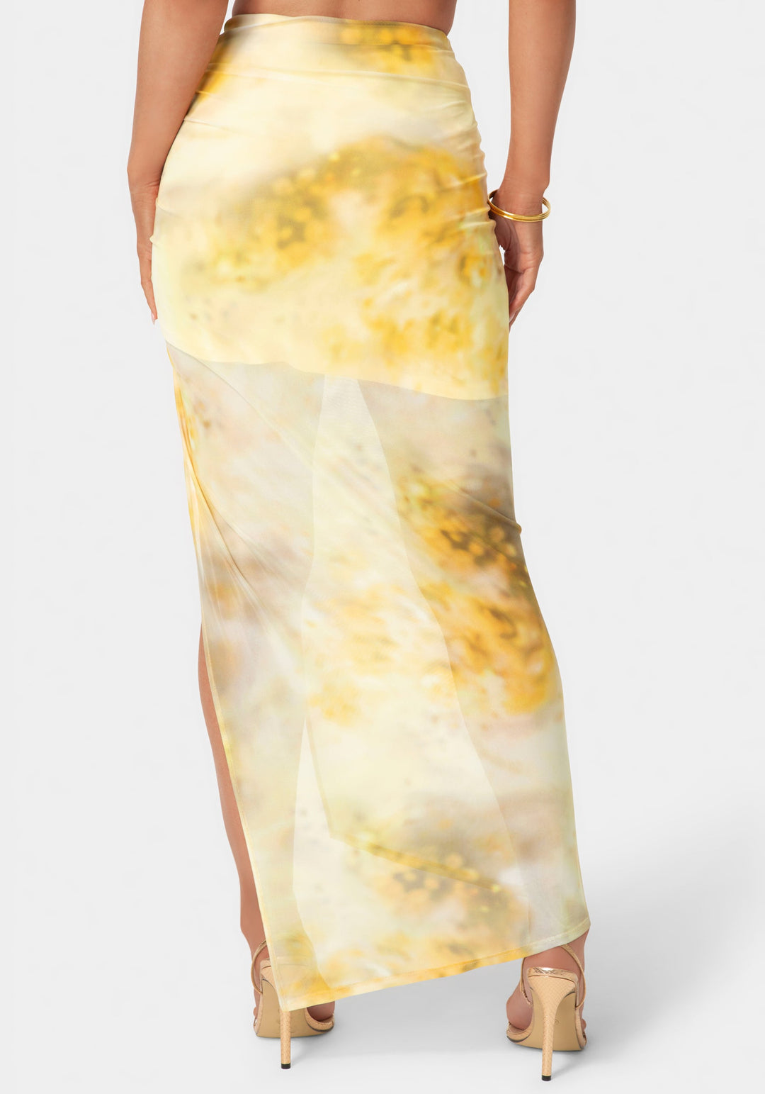 Back View-Shirring Maxi Mesh Skirt-Mimosa Haze Print