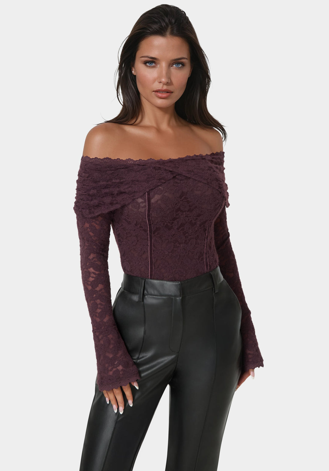 Front View-Off Shoulder Fluffy Lace Top-Coco Bordeaux