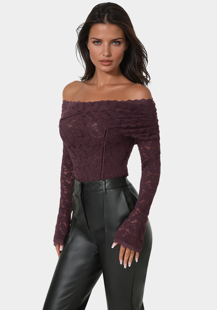 Side View-Off Shoulder Fluffy Lace Top-Coco Bordeaux