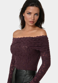 Other View-Off Shoulder Fluffy Lace Top-Coco Bordeaux