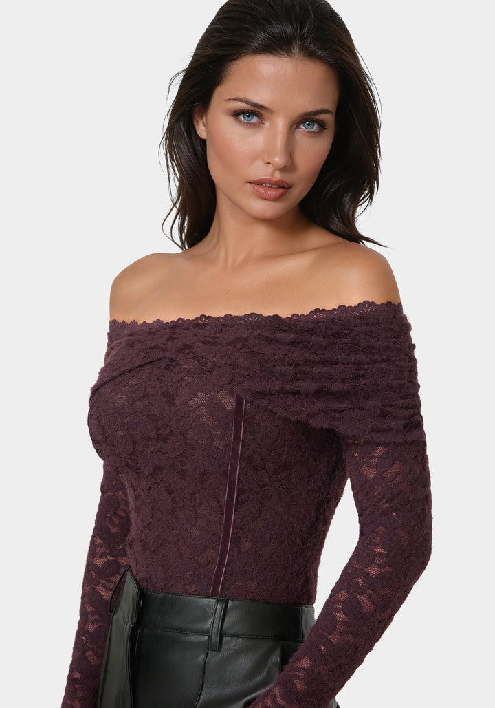 Other View-Off Shoulder Fluffy Lace Top-Coco Bordeaux