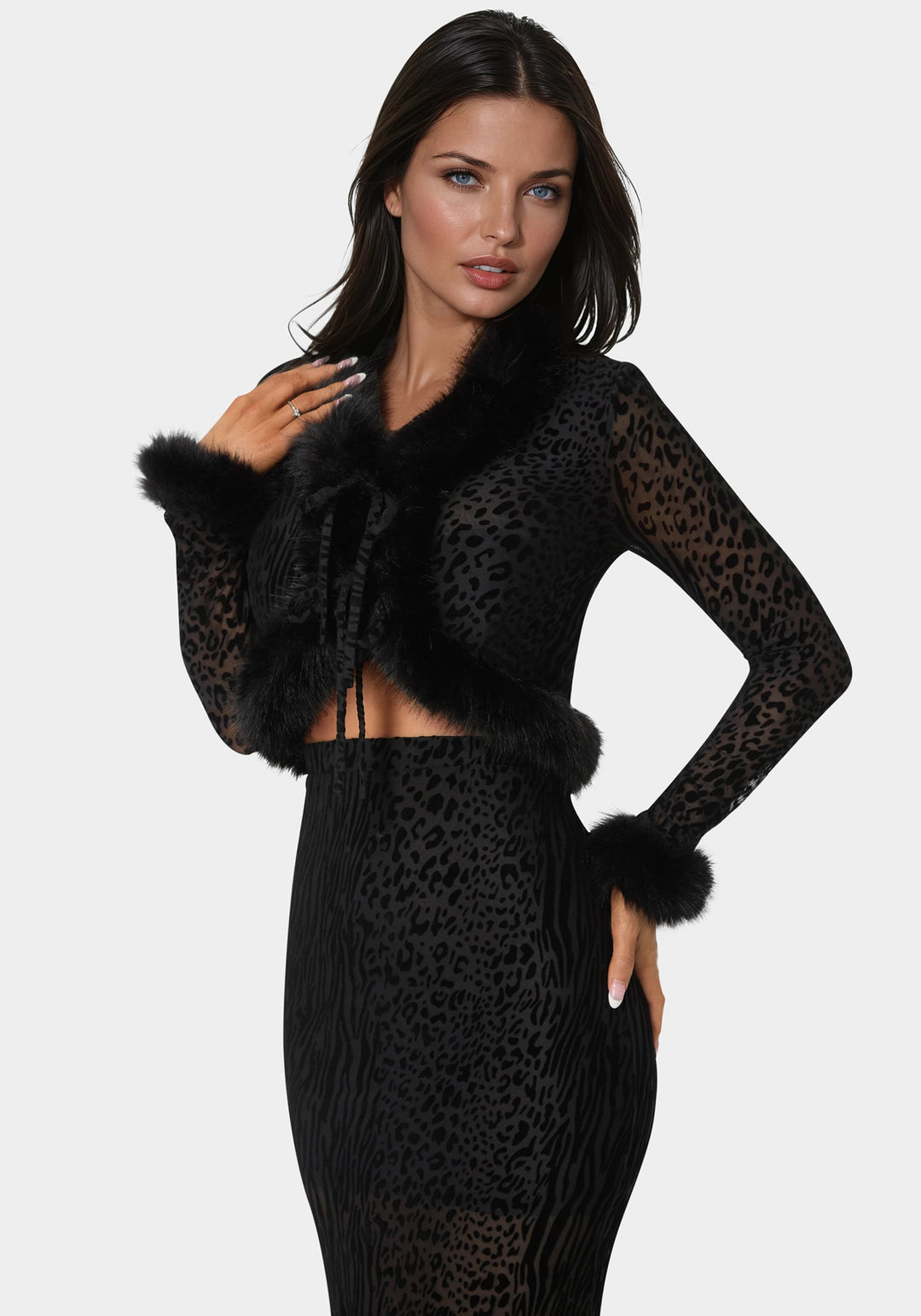 Front View-Animal Mesh Faux Fur Trim Long Sleeve Top-Black